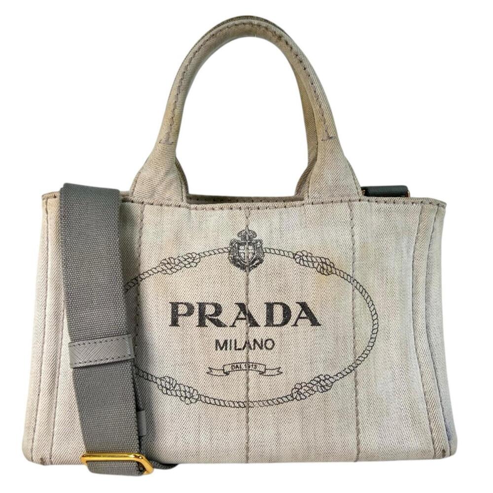 PRADA Canapa M 1BG642 Handbag Denim White Women's